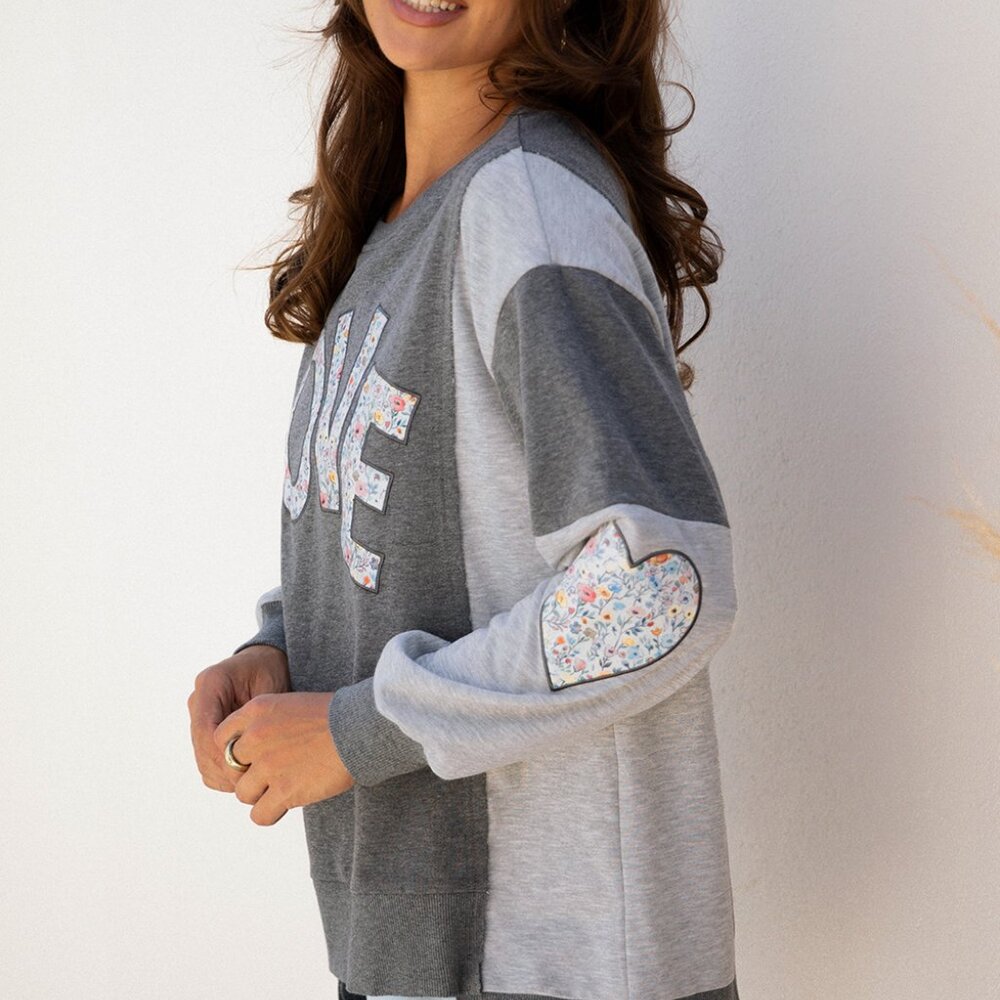B324  Grey LOVE Graphic Exposed Seam Patchwork Uneven Hem Chic Sweatshirt - Picture 3 of 5